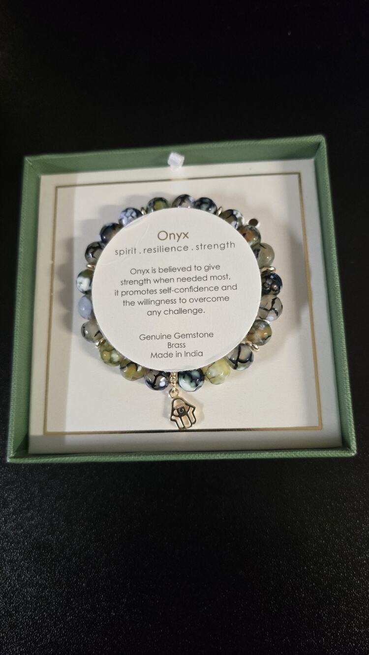 Green Onyx Gemstone Bracelet W/ Hamsa Charm Genuine Brass Shivam Made In India